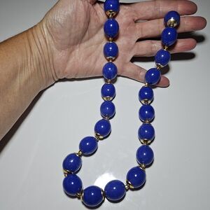 Vintage Gold Tone Electric Blue Chunky Beaded Necklace Signed HONG KONG 25"